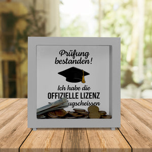 Prüfung bestanden Doktorhut Spardose mit Spruch Lizenz zum Klugscheißen