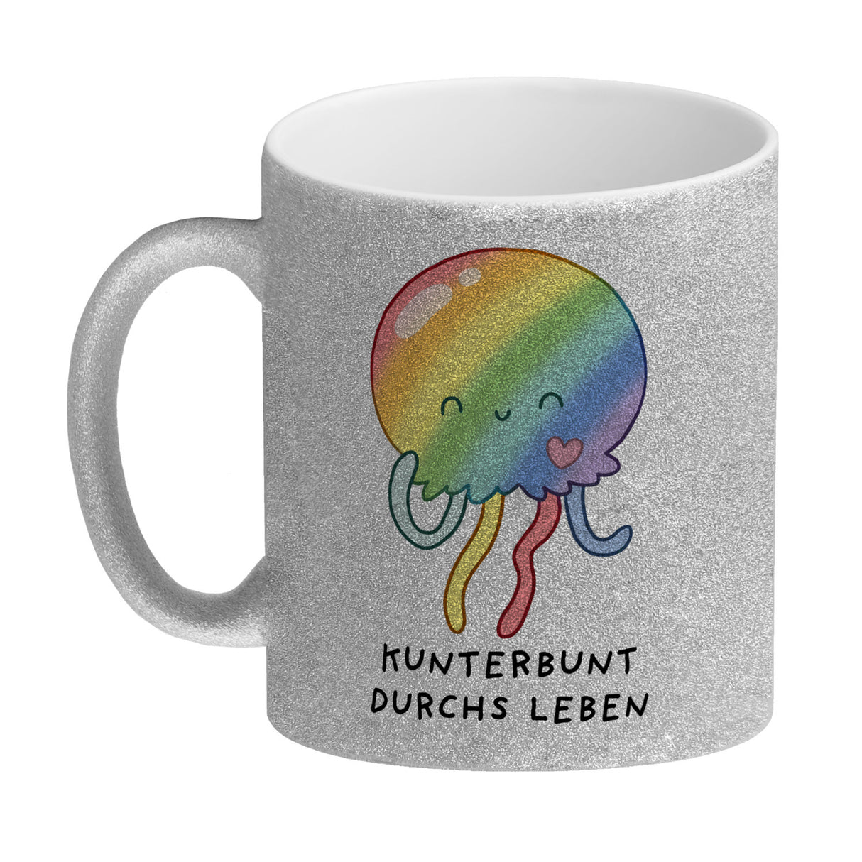 Jelly & Friends Regenbogen-Qualle Kaffeebecher mit Spruch Kunterbunt durchs Leben
