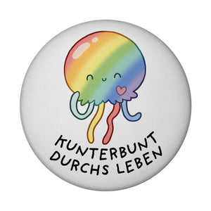 Jelly & Friends Regenbogen-Qualle Magnet rund mit Spruch Kunterbunt durchs Leben