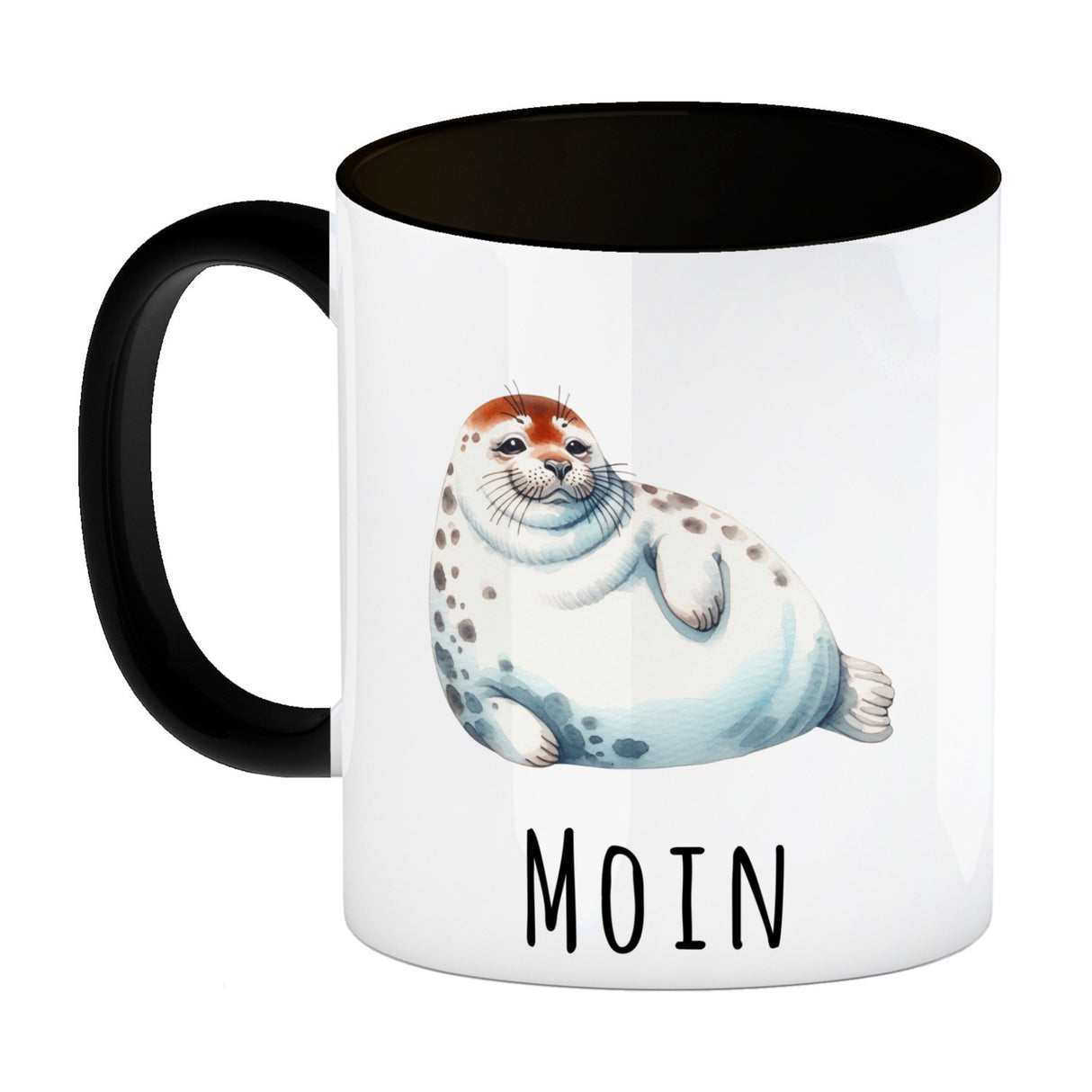 Dicke Robbe Kaffeebecher mit Spruch Moin
