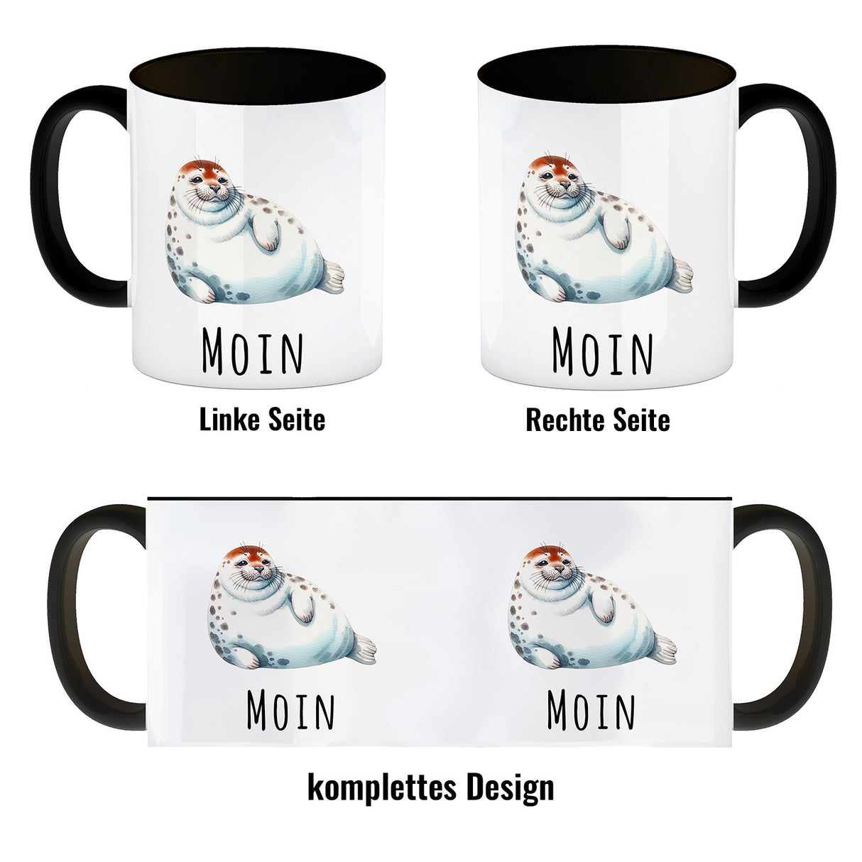 Dicke Robbe Kaffeebecher mit Spruch Moin