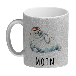 Dicke Robbe Kaffeebecher mit Spruch Moin