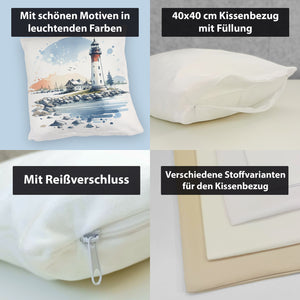 Leuchtturm mit Häuser im Hintergrund Kissen