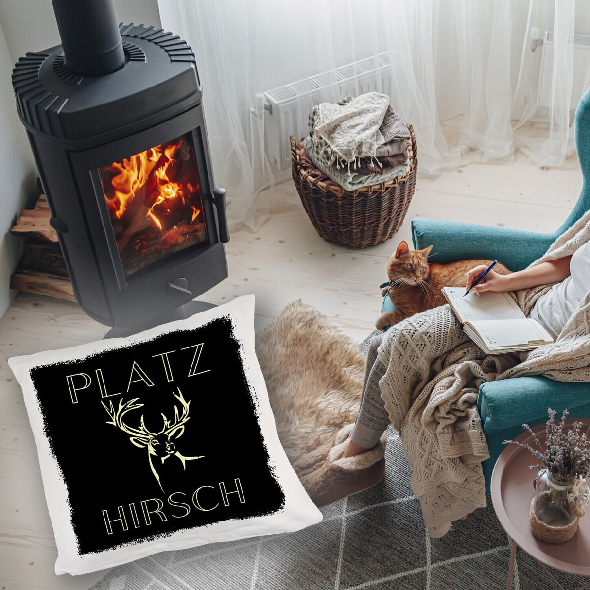 Hirsch Kissen mit Spruch Platzhirsch in braun