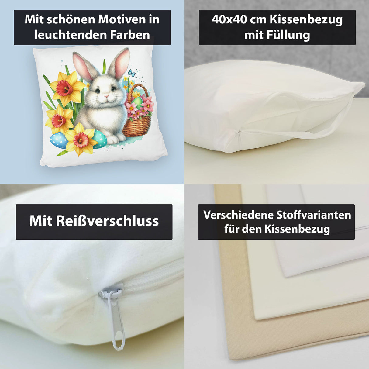 Osterhase neben Osterkorb Kissen