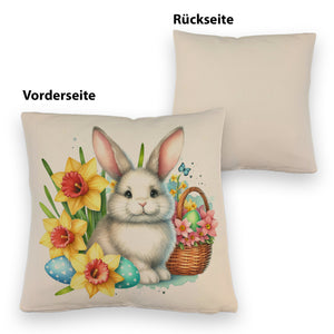 Osterhase neben Osterkorb Kissen