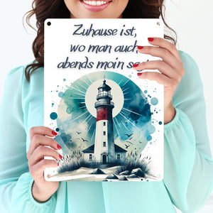 Leuchtturm Metallschild in 15x20 cm mit Spruch Zuhause ist, wo man auch abends moin sagt