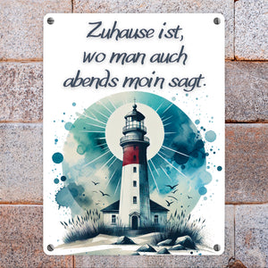 Leuchtturm Metallschild in 15x20 cm mit Spruch Zuhause ist, wo man auch abends moin sagt