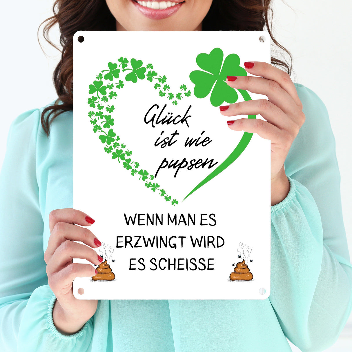 Kleeblätter Metallschild in 15x20 cm mit Spruch Glück ist unerzwingbar
