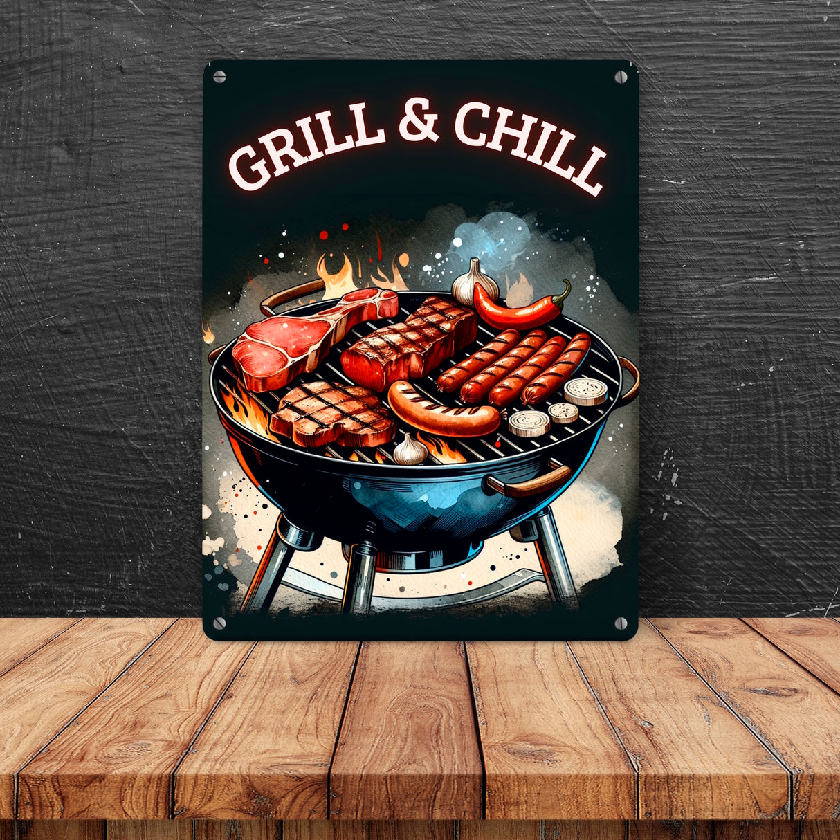 Grill Metallschild in 15x20 cm mit Spruch Grill und Chill