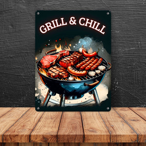 Grill Metallschild in 15x20 cm mit Spruch Grill und Chill