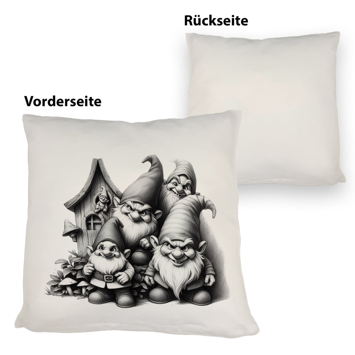 Freche Gartenzwerge mit kleinem Haus Kissen
