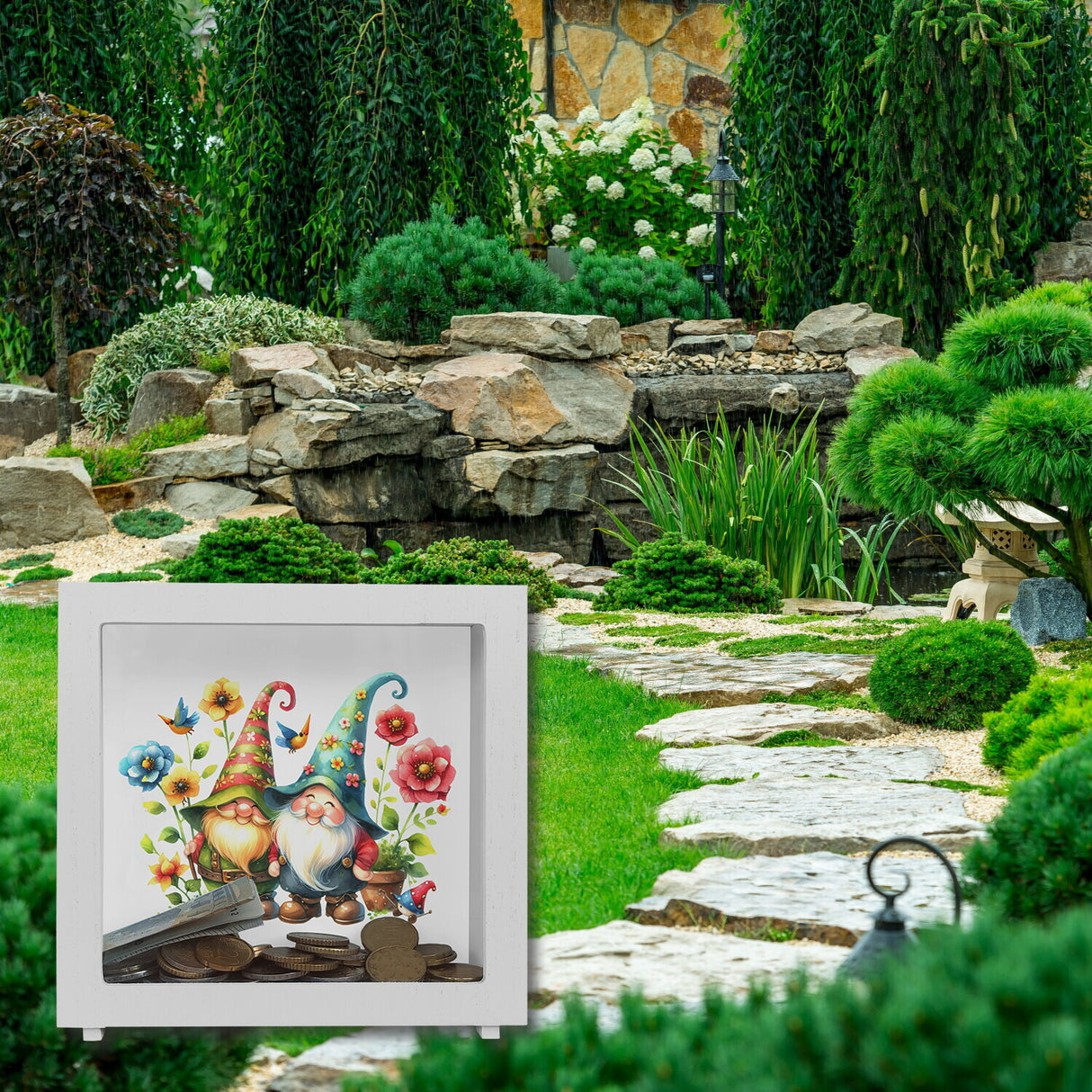 Gartenzwerge mit Blumen Spardose
