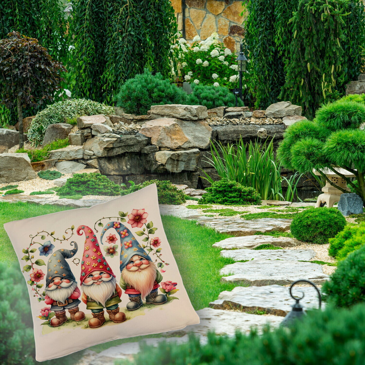 Drei lustige Gartenzwerge Kissen