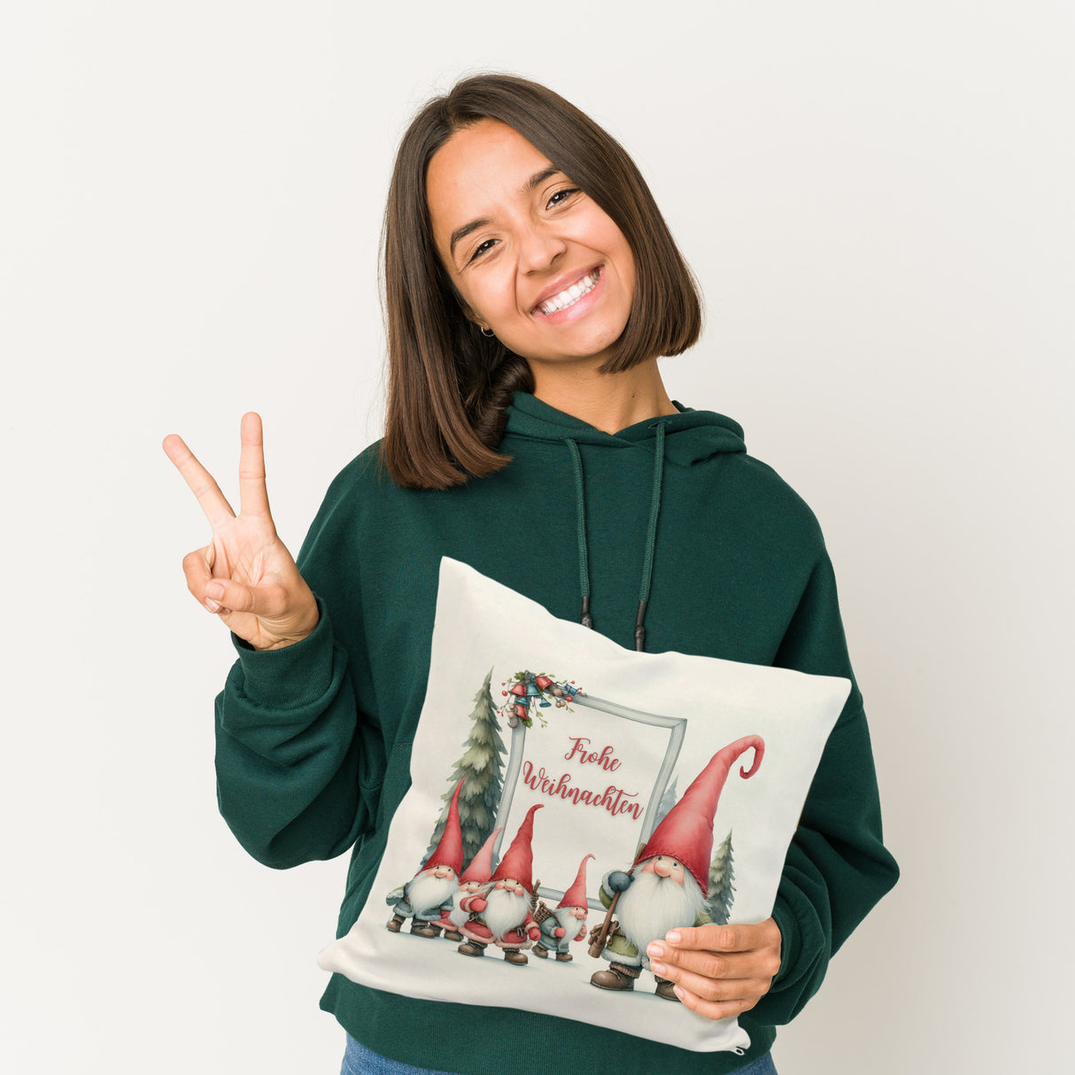 Weihnachts-Kobolde Kissen mit Spruch Frohe Weihnachten