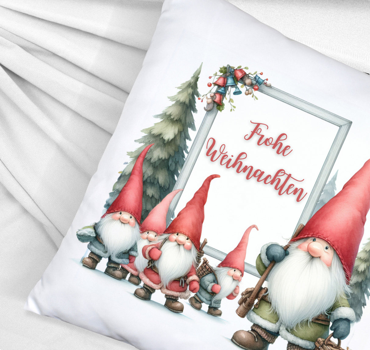Weihnachts-Kobolde Kissen mit Spruch Frohe Weihnachten