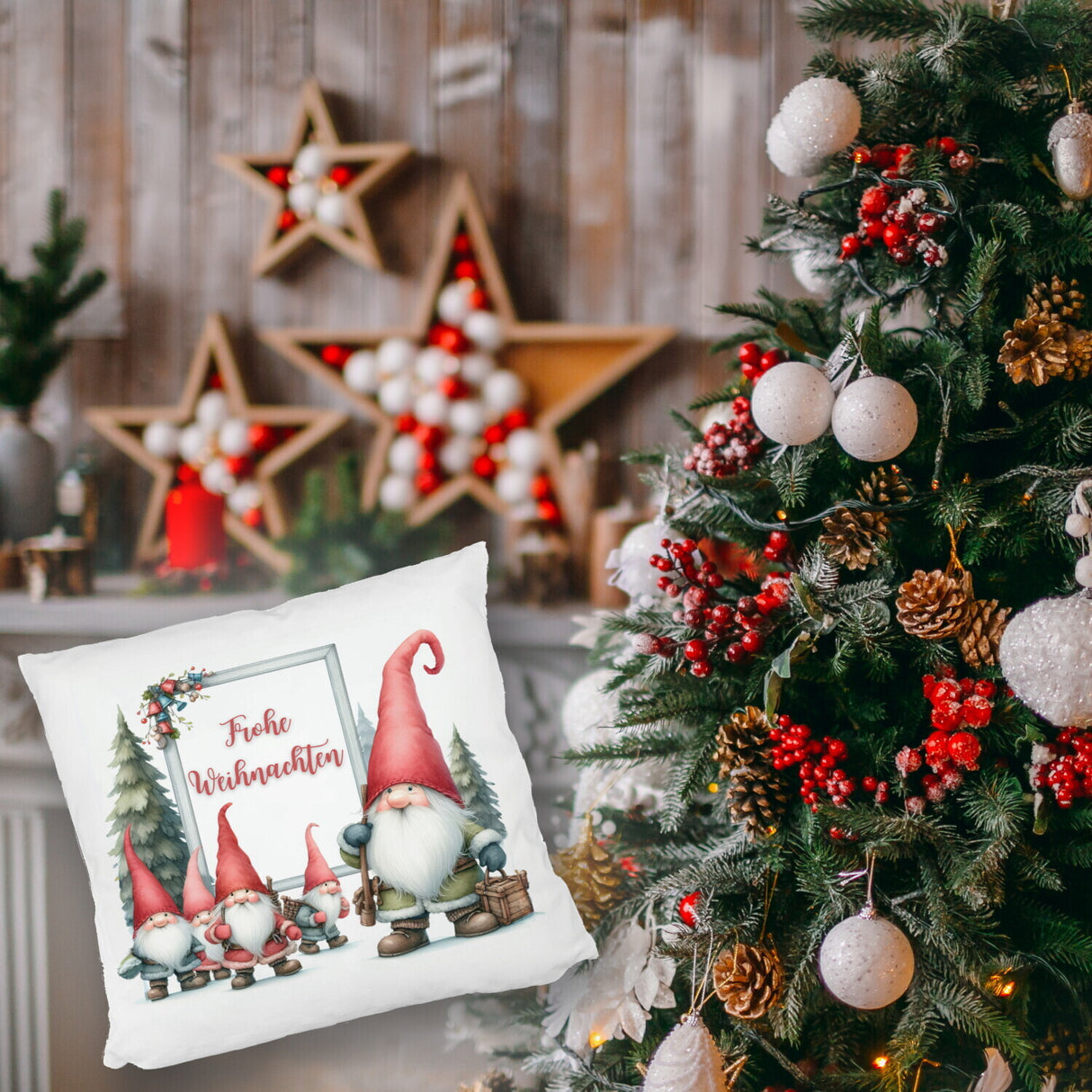Weihnachts-Kobolde Kissen mit Spruch Frohe Weihnachten