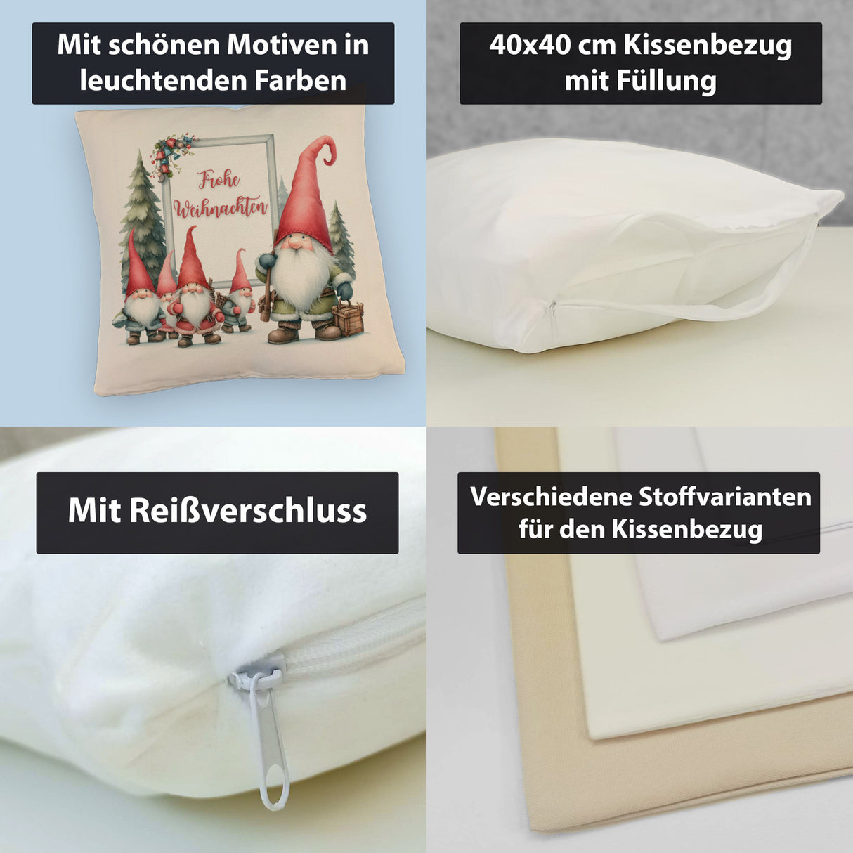 Weihnachts-Kobolde Kissen mit Spruch Frohe Weihnachten