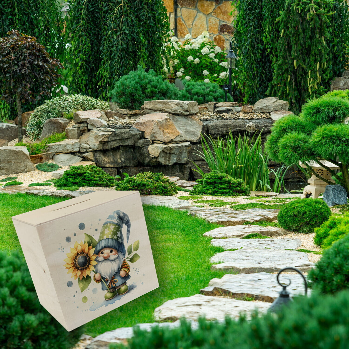 Gartenzwerg mit Sonnenblume Spardose