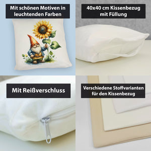 Gartenzwerg mit leuchtender Sonnenblume Kissen