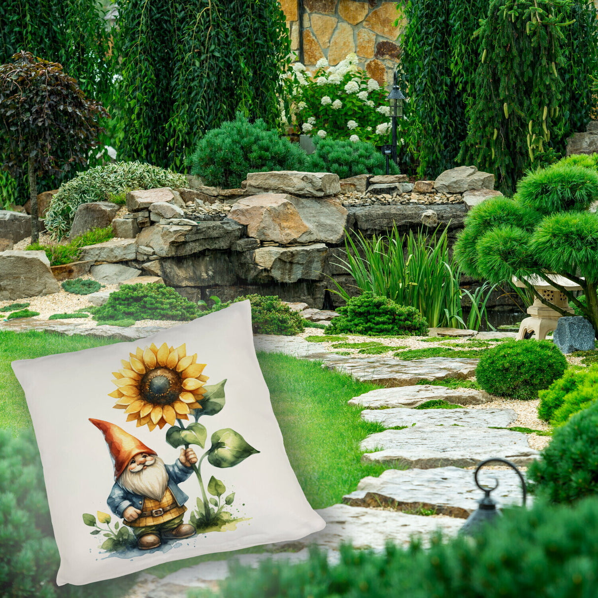 Gartenzwerg mit leuchtender Sonnenblume Kissen