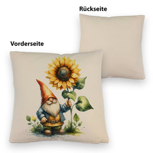 Gartenzwerg mit leuchtender Sonnenblume Kissen