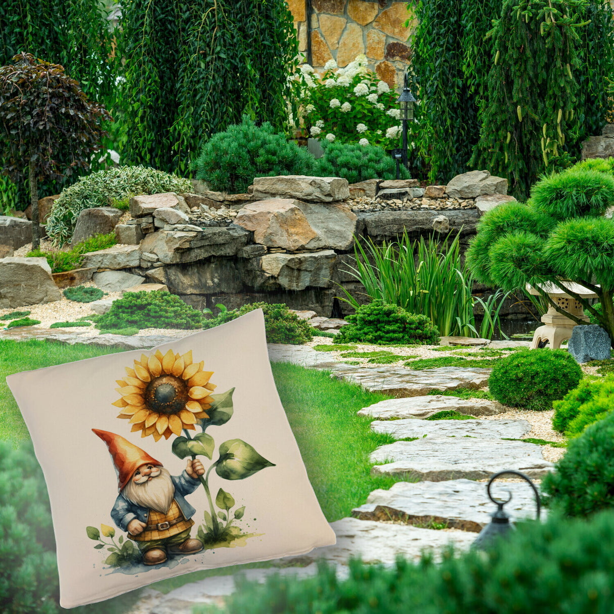 Gartenzwerg mit leuchtender Sonnenblume Kissen