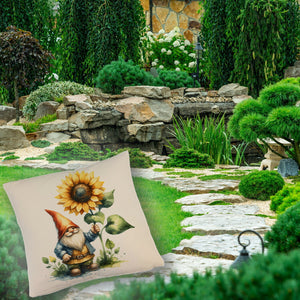 Gartenzwerg mit leuchtender Sonnenblume Kissen
