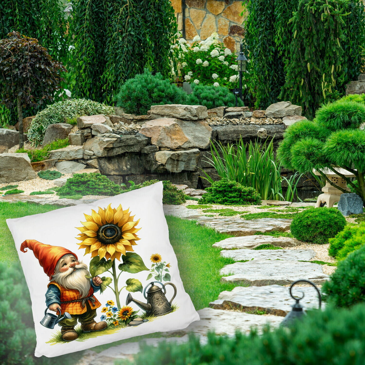 Gartenzwerg mit Gießkanne Kissen