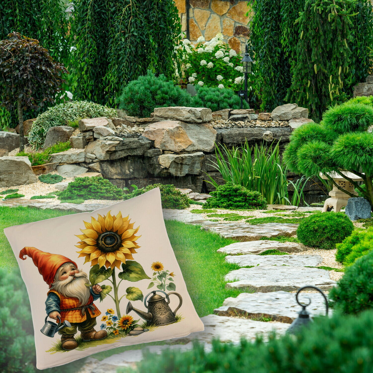 Gartenzwerg mit Gießkanne Kissen