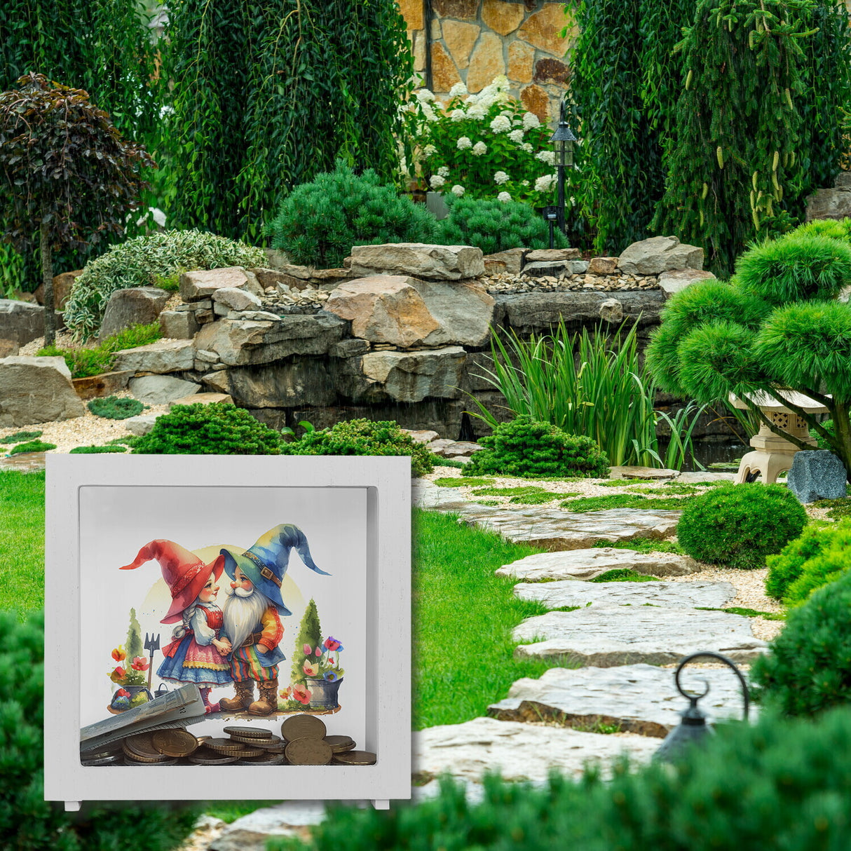 Verliebte Gartenzwerge im Garten Spardose