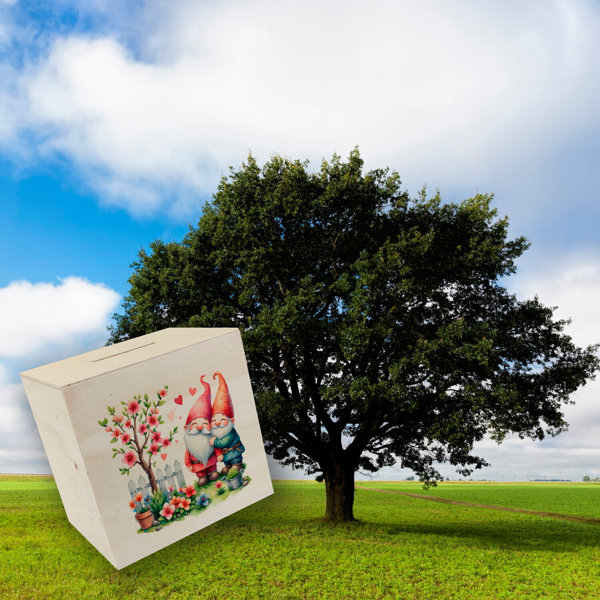 Verliebte Gartenzwerge mit Baum Spardose
