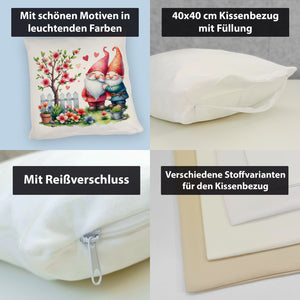 Verliebte Gartenzwerge mit Baum Kissen