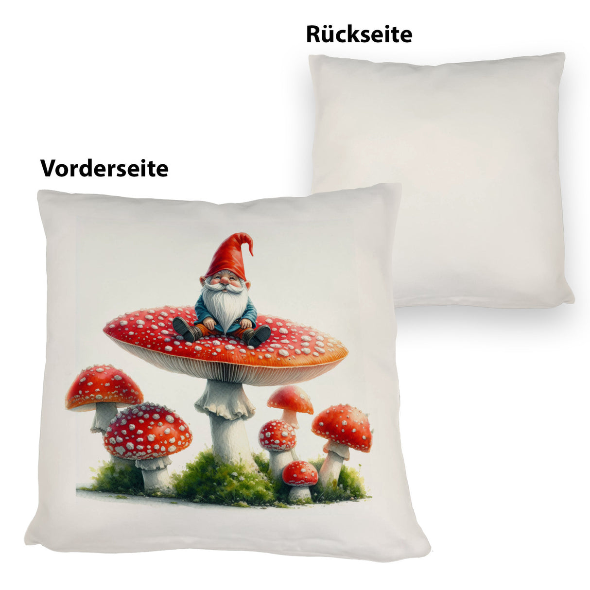 Gartenzwerg auf einem Fliegenpilz Kissen