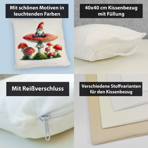 Gartenzwerg auf einem Fliegenpilz Kissen