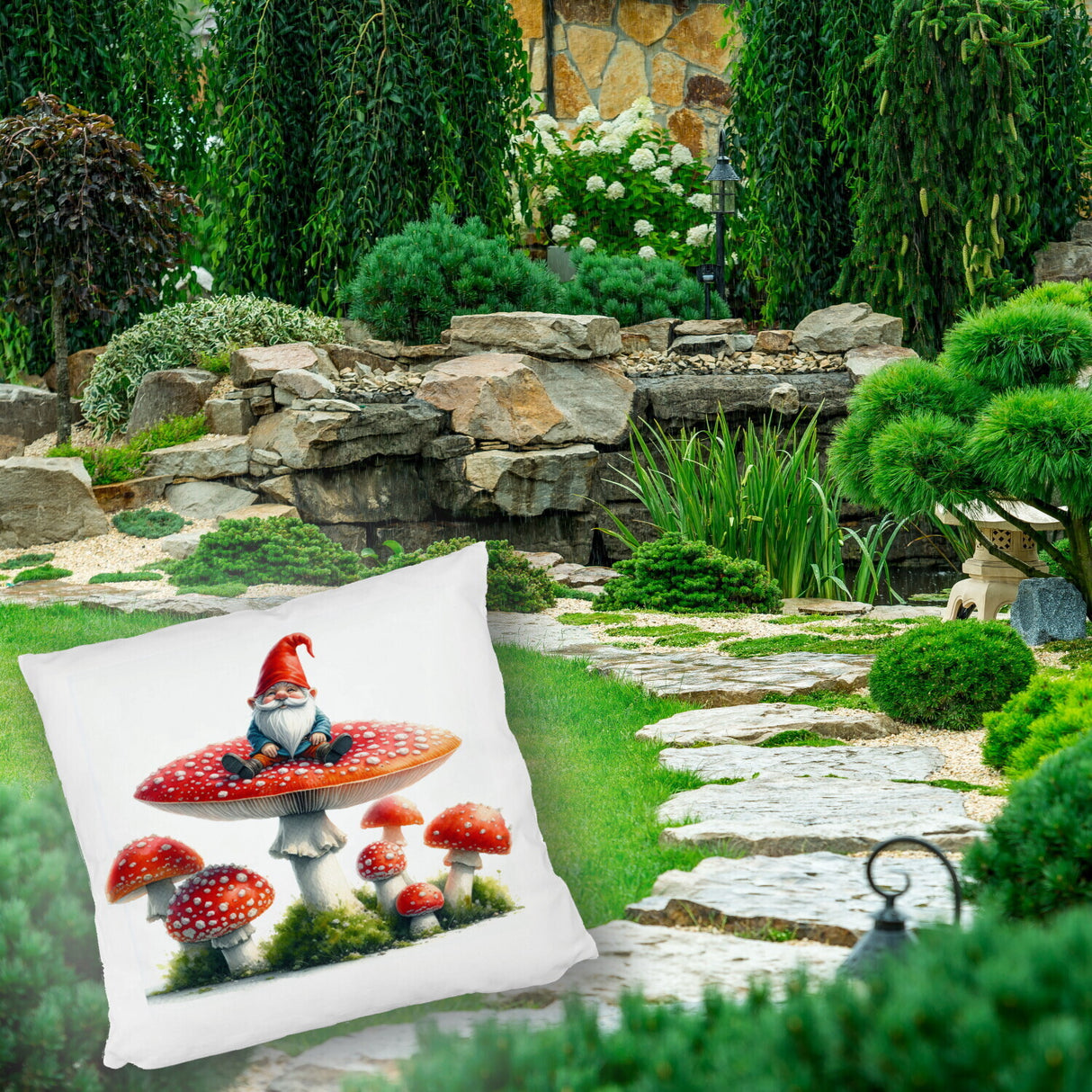 Gartenzwerg auf einem Fliegenpilz Kissen