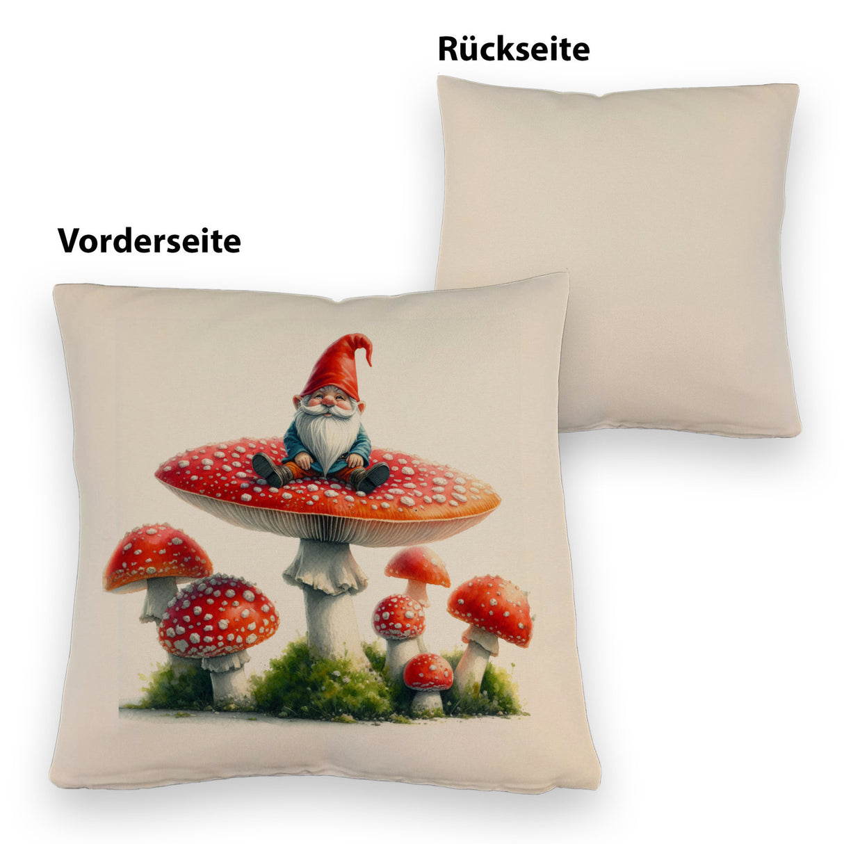 Gartenzwerg auf einem Fliegenpilz Kissen