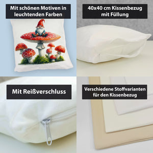 Gartenzwerg auf einem Fliegenpilz Kissen