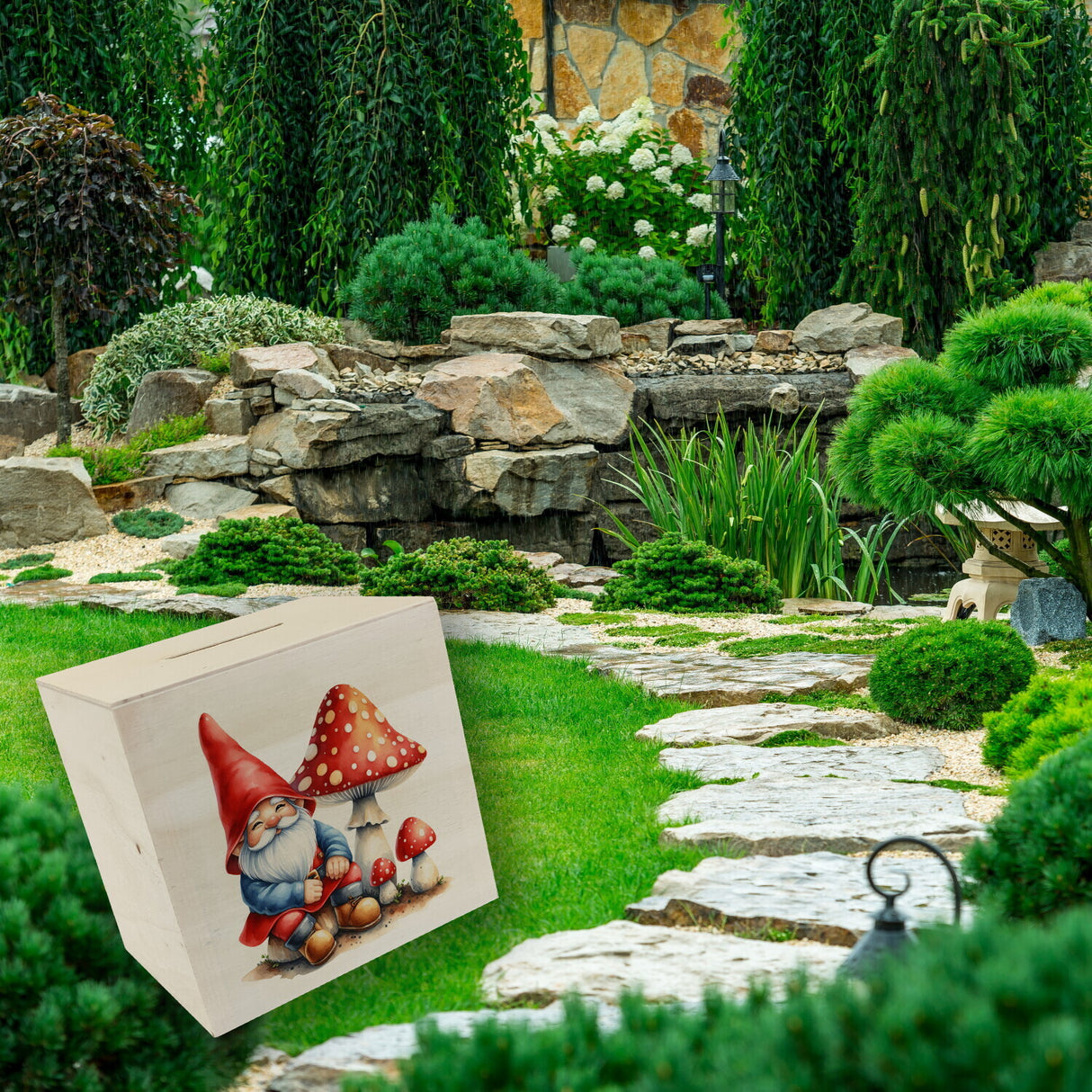 Gartenzwerg mit Fliegenpilz Spardose