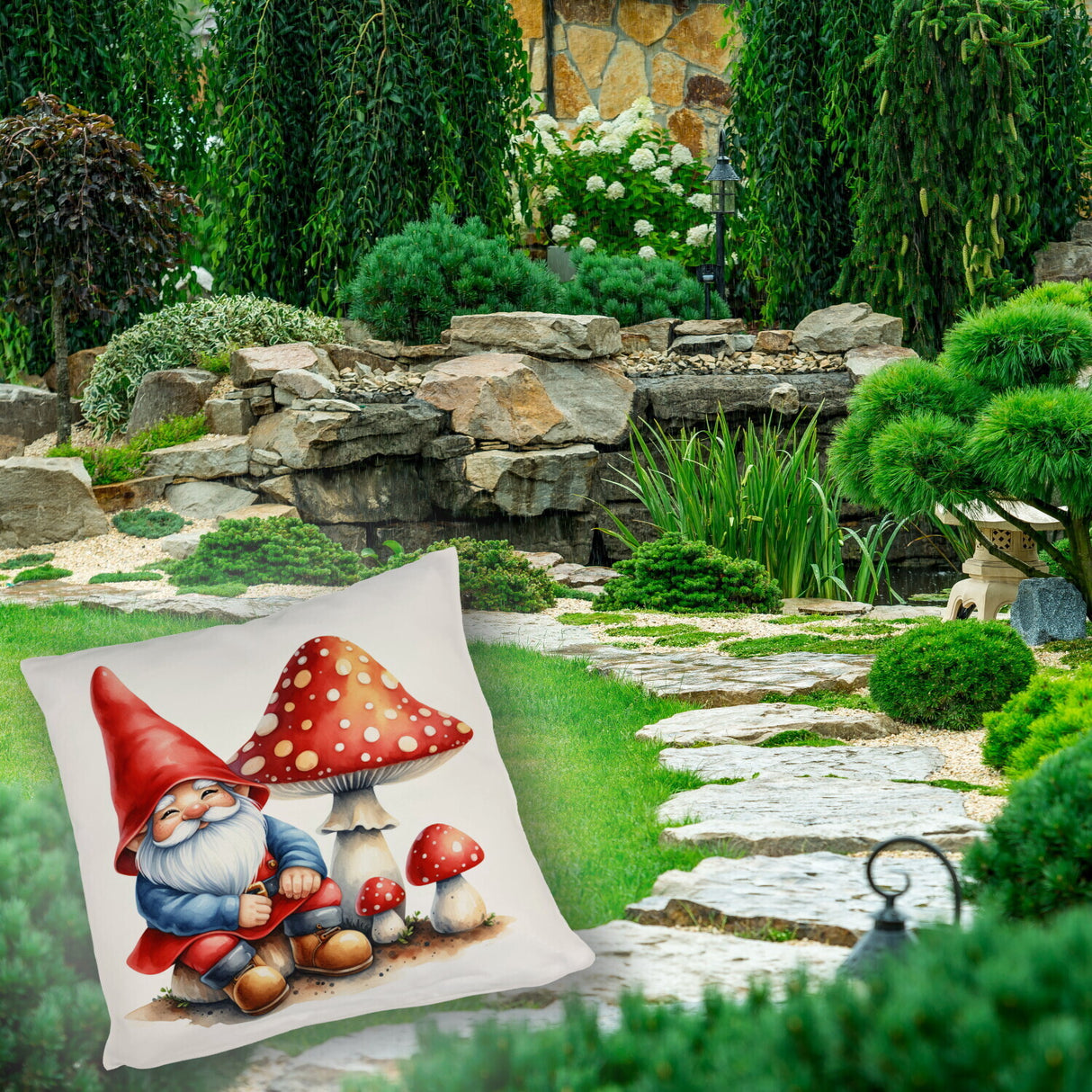 Gartenzwerg mit Fliegenpilz Kissen