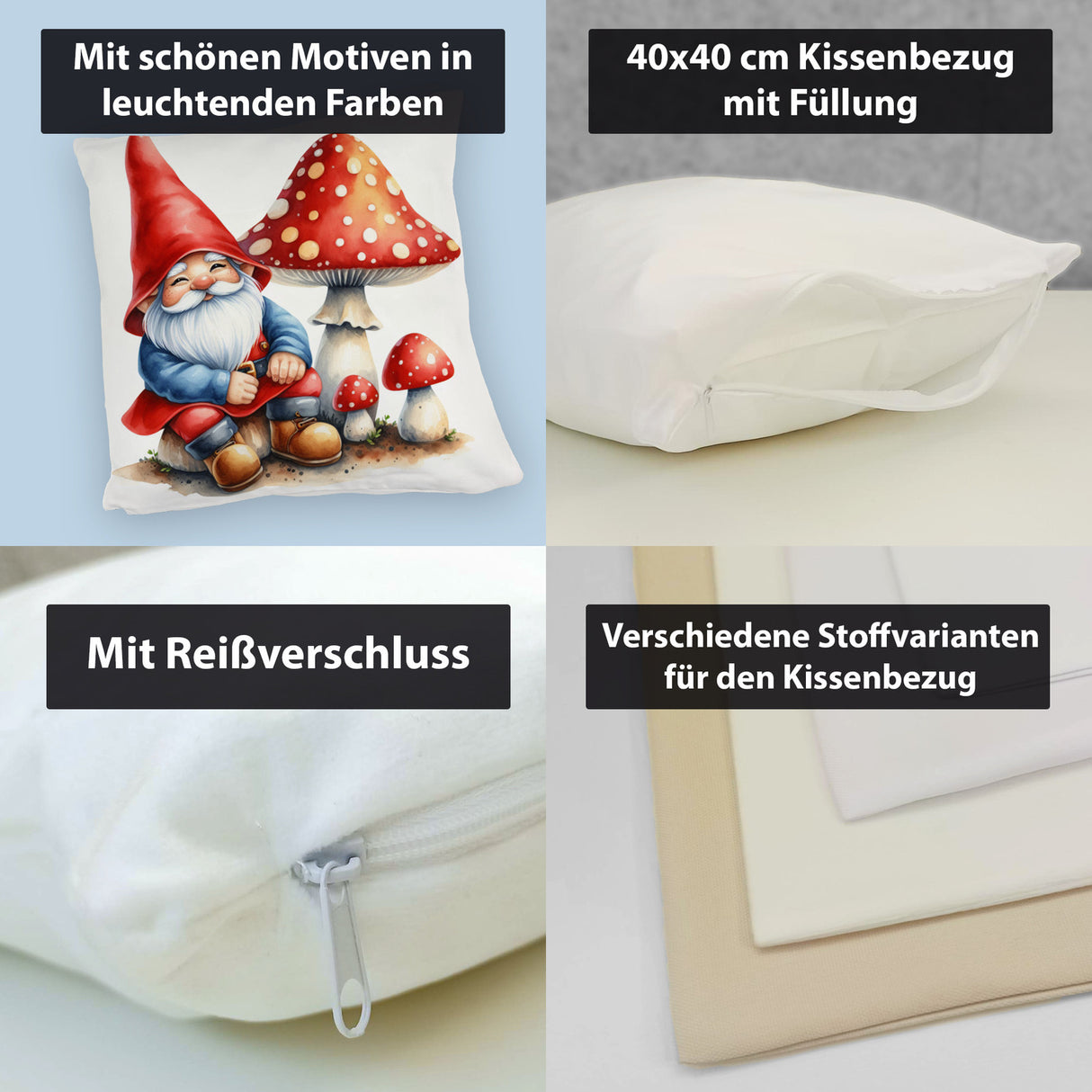 Gartenzwerg mit Fliegenpilz Kissen