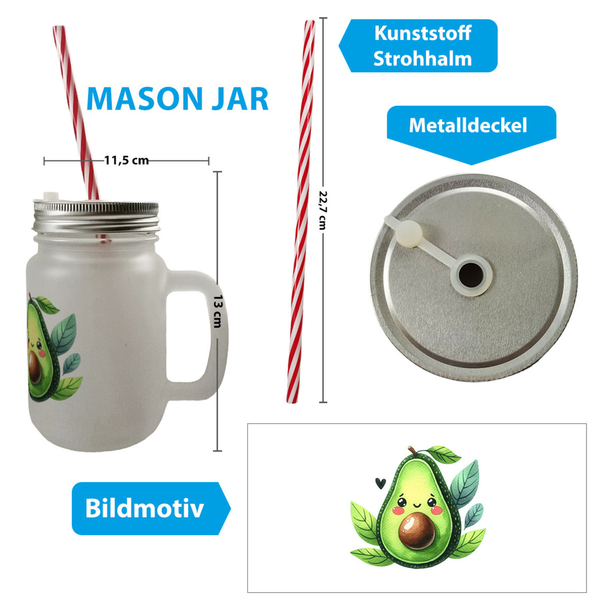 Lächelnde Avocado Trinkglas mit Bambusdeckel