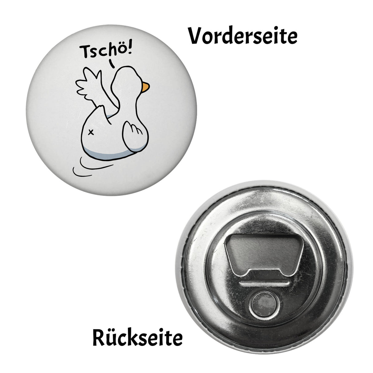 Ente winkt zum Abschied Magnet rund mit Spruch Tschö