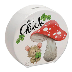 Maus mit Fliegenpilz Spardose mit Spruch Viel Glück