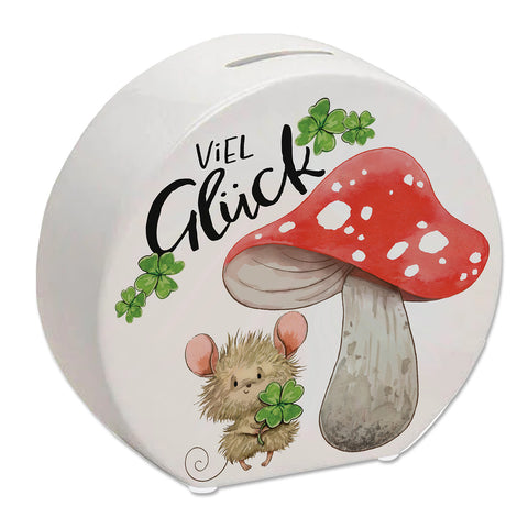 Maus mit Fliegenpilz Spardose mit Spruch Viel Glück