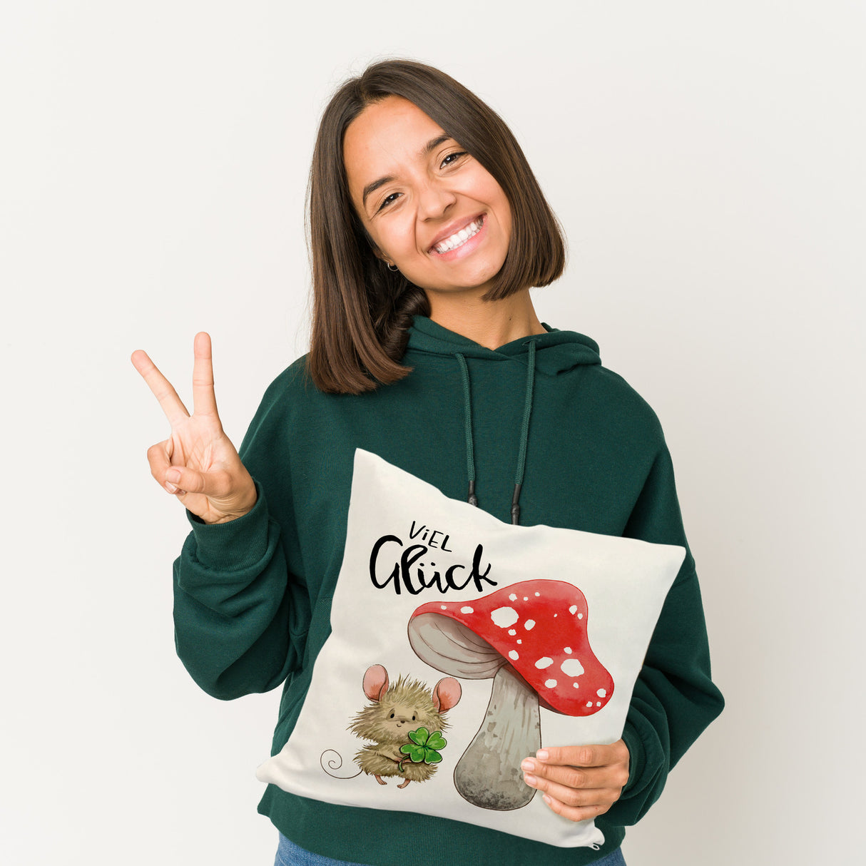 Maus mit Fliegenpilz Kissen mit Spruch Viel Glück
