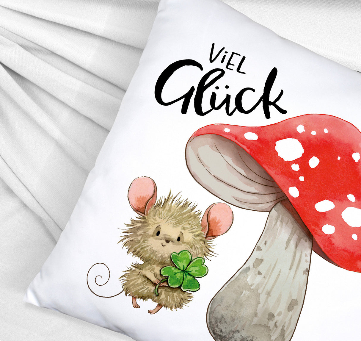 Maus mit Fliegenpilz Kissen mit Spruch Viel Glück