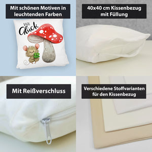 Maus mit Fliegenpilz Kissen mit Spruch Viel Glück