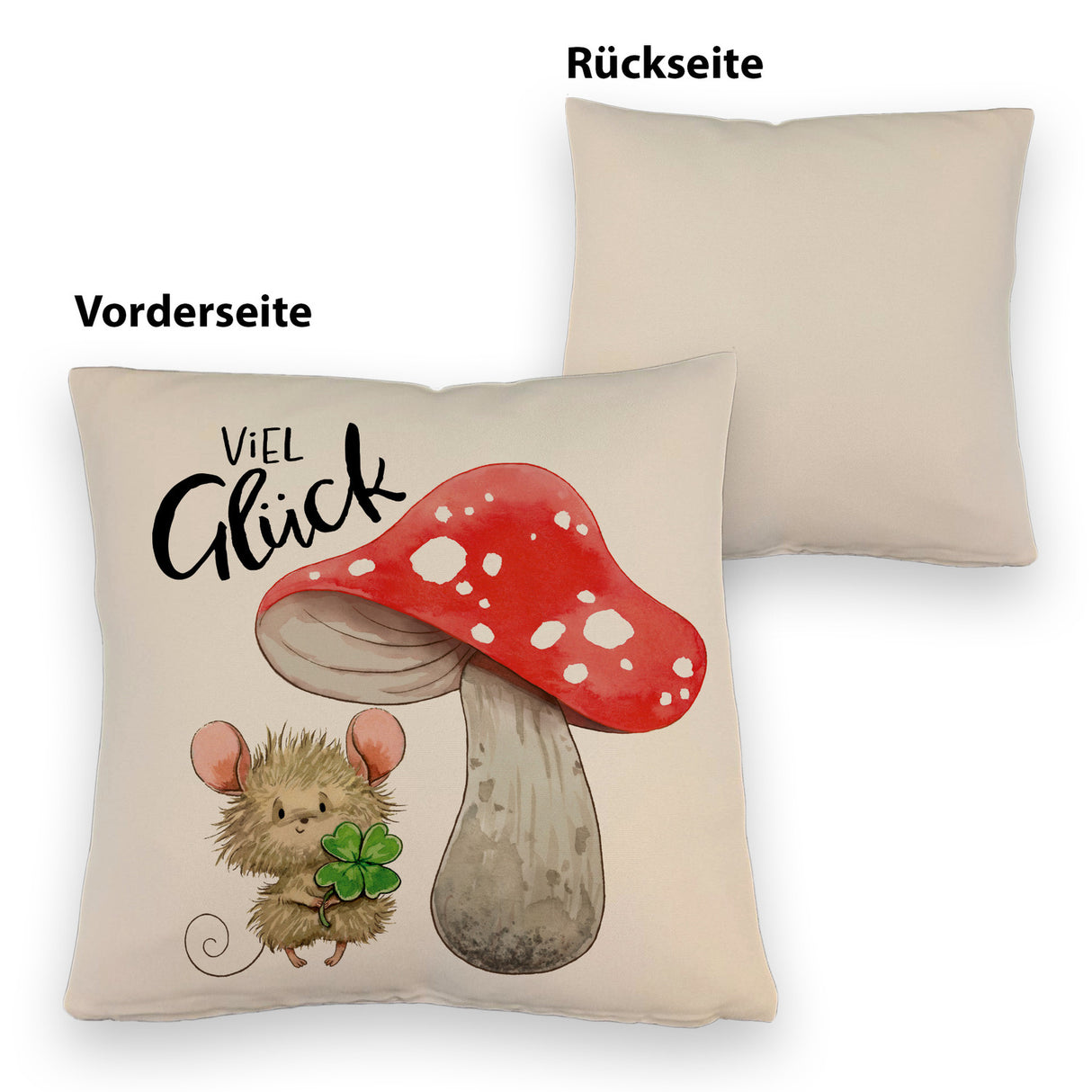 Maus mit Fliegenpilz Kissen mit Spruch Viel Glück