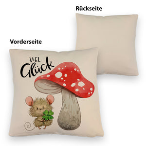 Maus mit Fliegenpilz Kissen mit Spruch Viel Glück